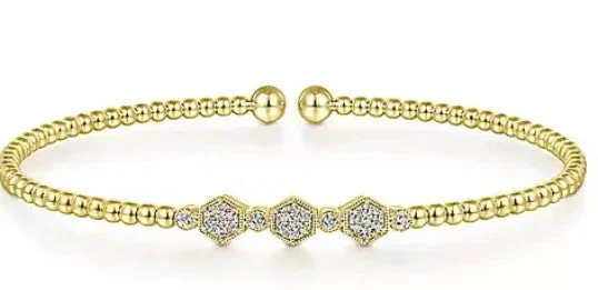 14K Yellow Gold Bujukan Bead Cuff Bracelet with Cluster Diamond Hexagon Stations