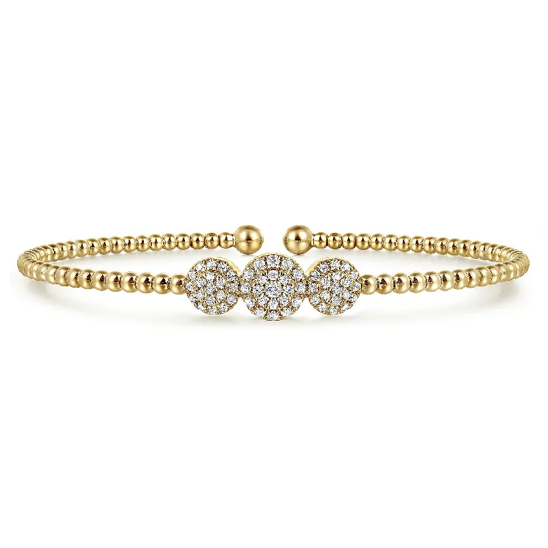 14K Yellow Gold Bujukan Bead Cuff Bracelet with Three Pavé Diamond Stations