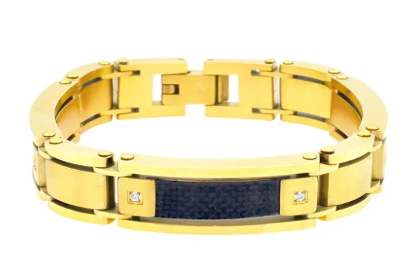 Men's Stainless Gold Plated Steel Bracelet W/ Carbon Fiber & Cz's