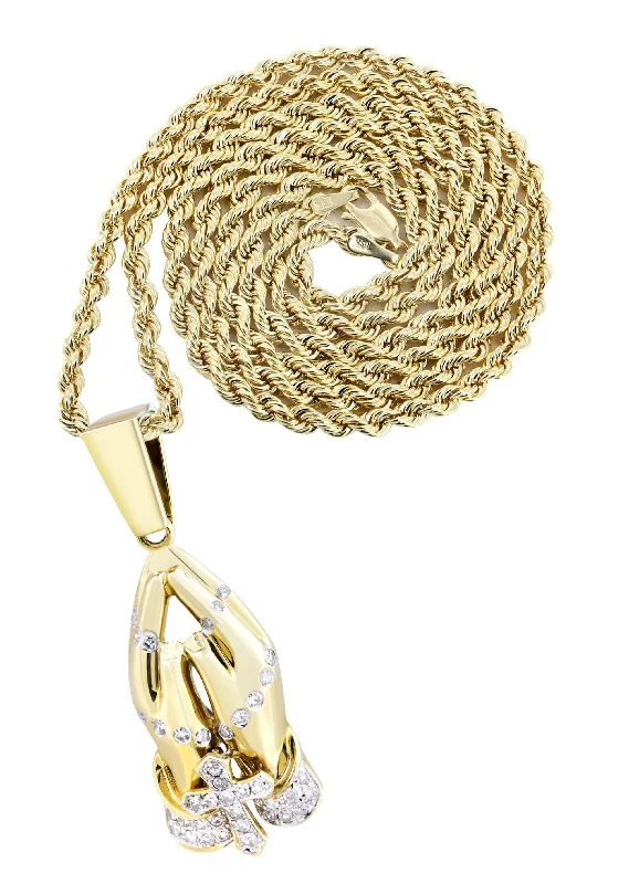 10K Yellow Gold Praying Hands Diamond Necklace  | 0.36 Carats