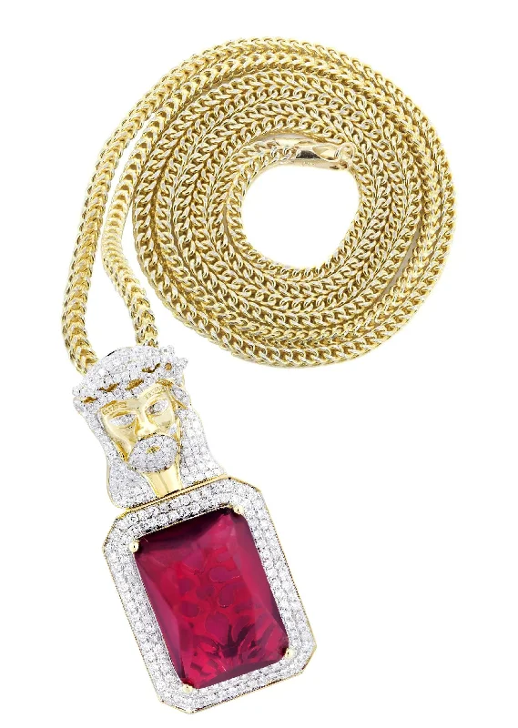 14K Yellow Gold Ruby Jesus Diamond Necklace  | 2.53 Carats