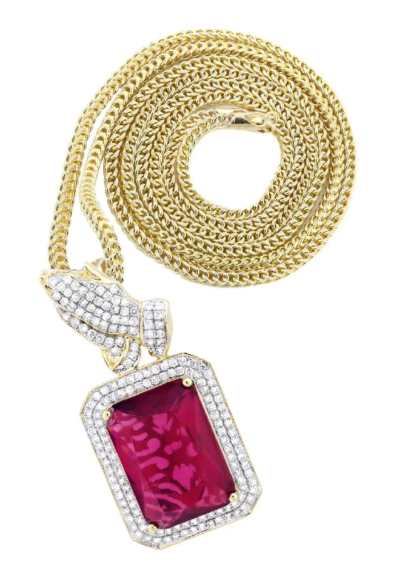 14K Yellow Gold Ruby Praying Hands Diamond Necklace  | 2.91 Carats