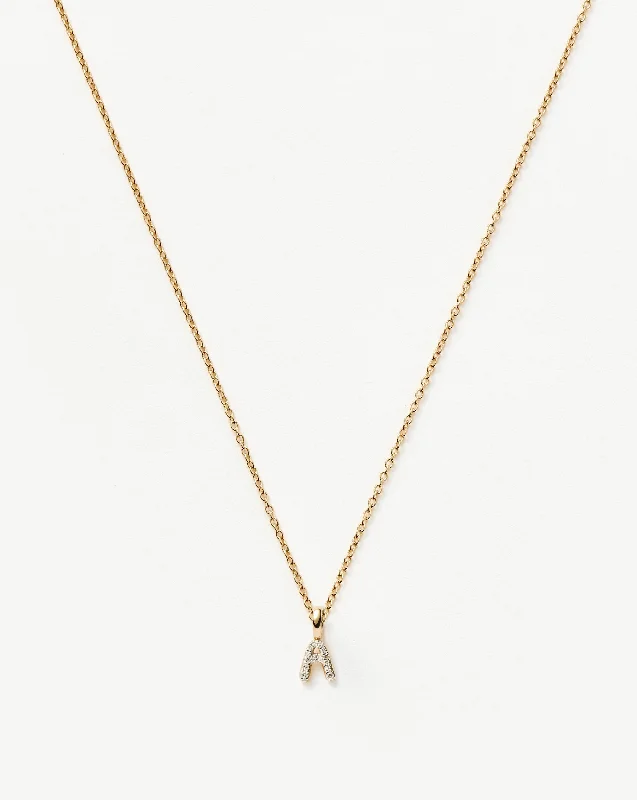 Fine Diamond Initial Mini Pendant Necklace  - A | 14k Solid Yellow Gold Plated/Diamond