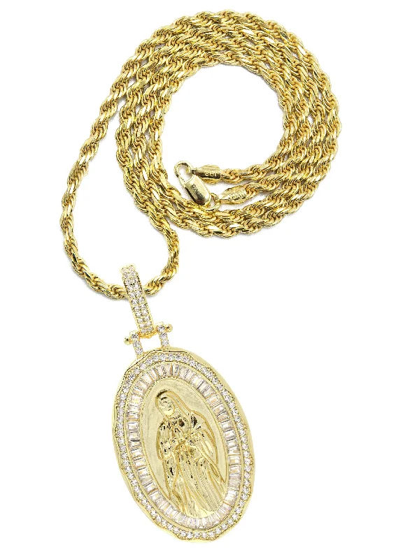 Silver Necklace - Gold Virgin Mary Baguette Necklace | 32 Grams