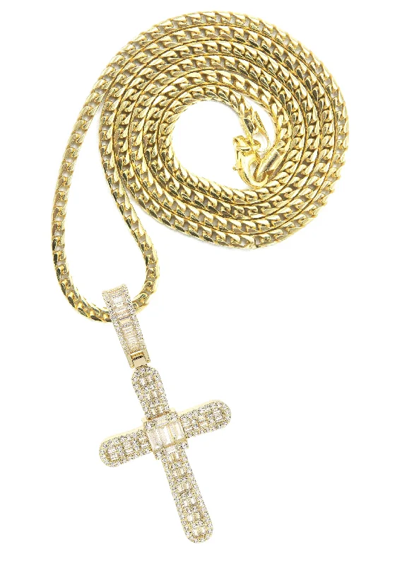 Silver Necklace - Gold Cross Baguette Necklace | 25.4 Grams