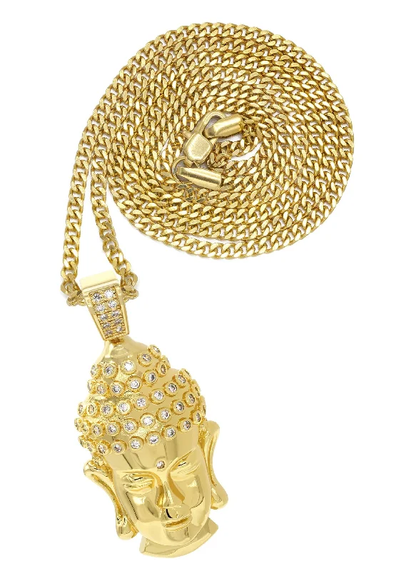 Mens Gold Plated Cuban Link Chain & Buddha Pendant | Appx. 21.6 Grams