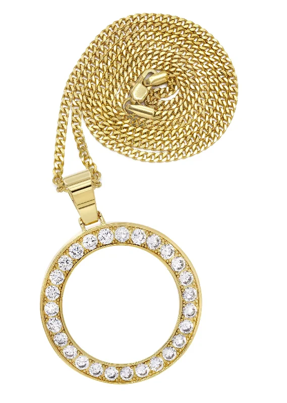 Mens Gold Plated Cuban Link Chain & Circle Pendant | Appx. 25 Grams