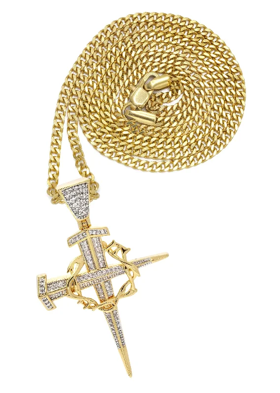 Mens Gold Plated Cuban Link Chain & Cross Pendant | Appx. 14.4 Grams