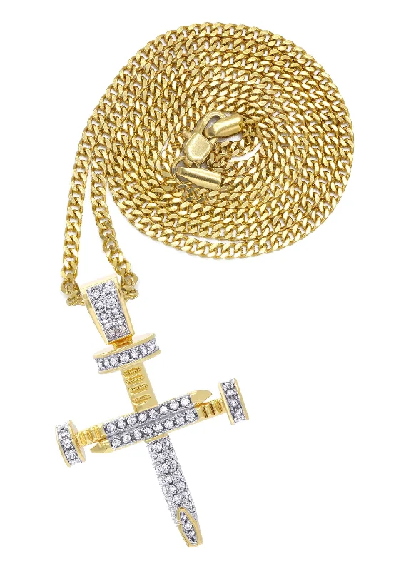 Mens Gold Plated Cuban Link Chain & Cross Pendant | Appx. 15 Grams