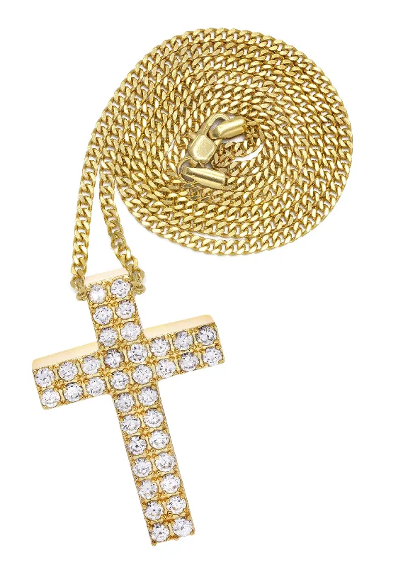 Mens Gold Plated Cuban Link Chain & Cross Pendant | Appx. 20 Grams