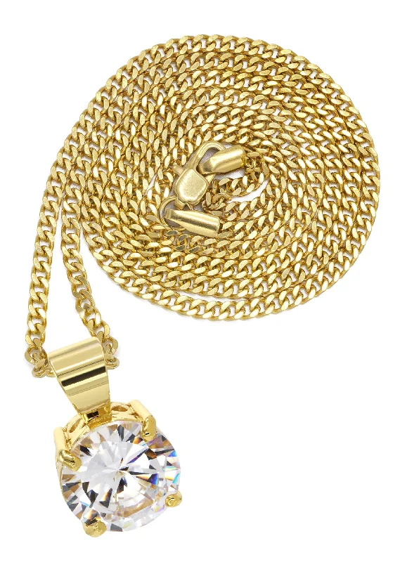 Mens Gold Plated Cuban Link Chain & Cubic Zirconia Pendant | Appx. 16.3 Grams