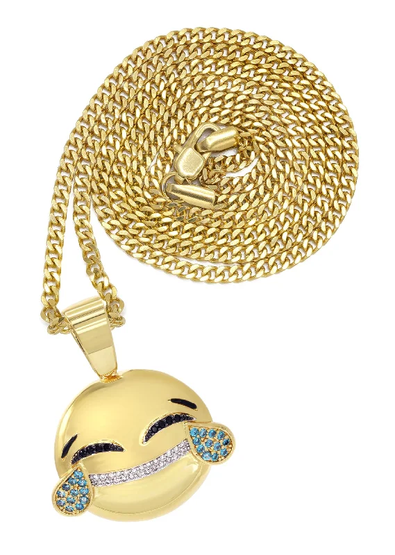 Mens Gold Plated Cuban Link Chain & Emoji Pendant | Appx. 16.3 Grams