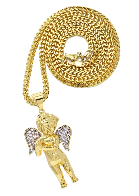 Mens Gold Plated Franco Chain & Angel Pendant | Appx. 19.4 Grams