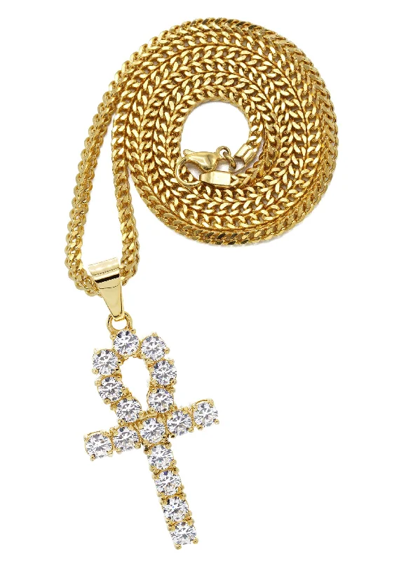 Mens Gold Plated Franco Chain & Ankh Pendant | Appx. 14.2 Grams