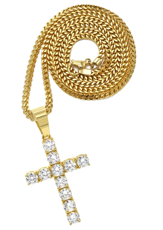 Mens Gold Plated Franco Chain & Cross Pendant | Appx. 13 Grams