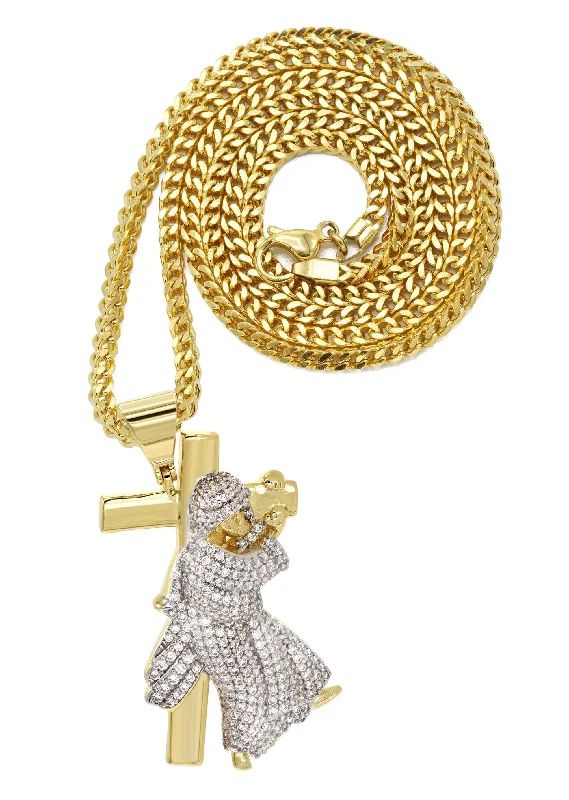 Mens Gold Plated Franco Chain & Cross Pendant | Appx. 14.4 Grams