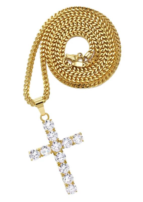 Mens Gold Plated Franco Chain & Cross Pendant | Appx. 16 Grams