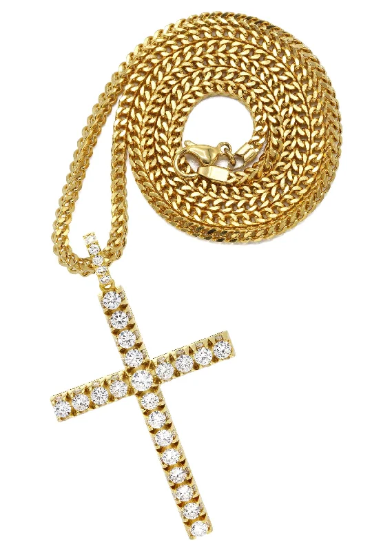 Mens Gold Plated Franco Chain & Cross Pendant | Appx. 30.5 Grams