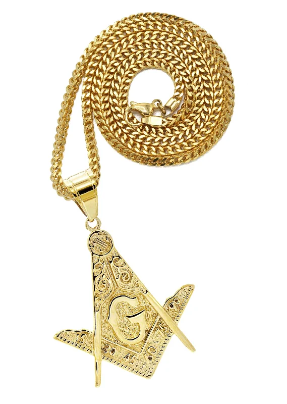 Mens Gold Plated Franco Chain & Freemason Pendant | Appx. 17.5 Grams