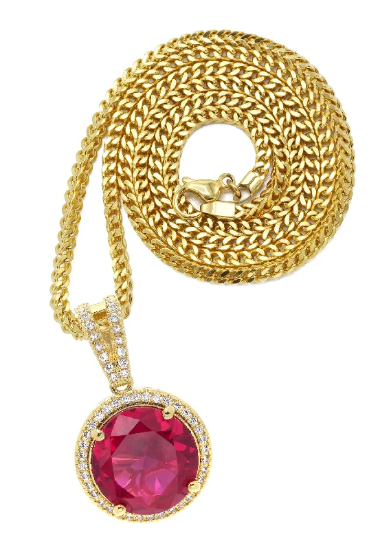 Mens Gold Plated Franco Chain & Ruby Pendant | Appx. 15.4 Grams