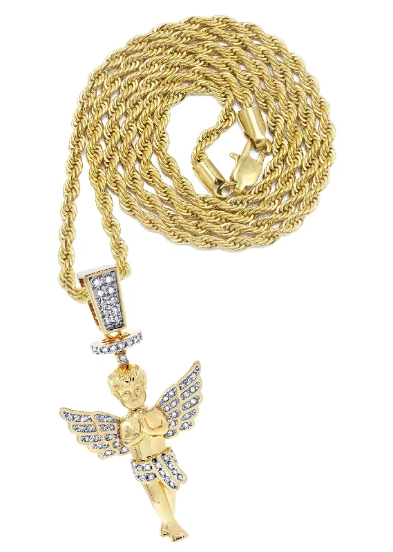 Mens Gold Plated Rope Chain & Angel Pendant | Appx. 14.2 Grams