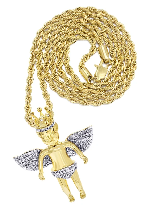 Mens Gold Plated Rope Chain & Angel Pendant | Appx. 16.3 Grams