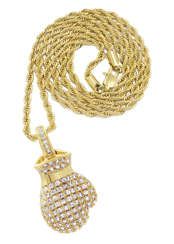 Mens Gold Plated Rope Chain & Boxing Glove Pendant | Appx. 20.2 Grams