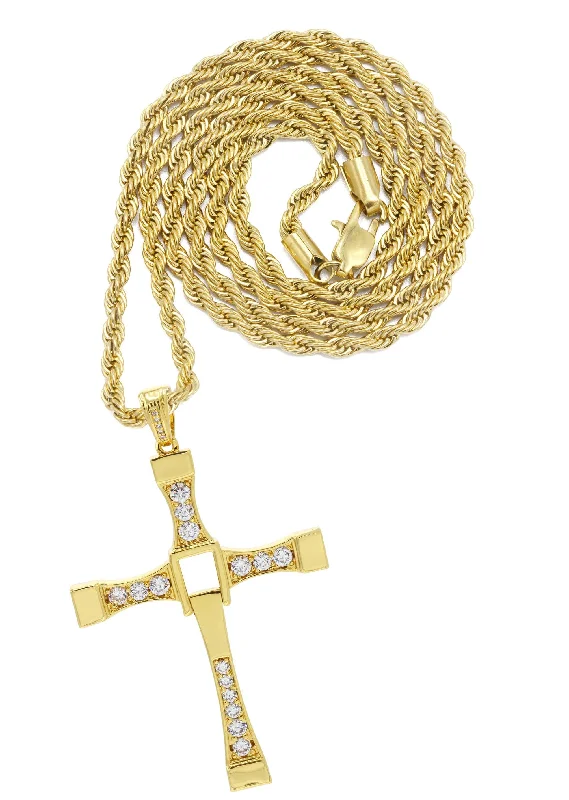 Mens Gold Plated Rope Chain & Cross Pendant | Appx. 26.7 Grams