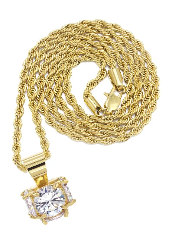 Mens Gold Plated Rope Chain & Cubic Zirconia Pendant | Appx. 19 Grams