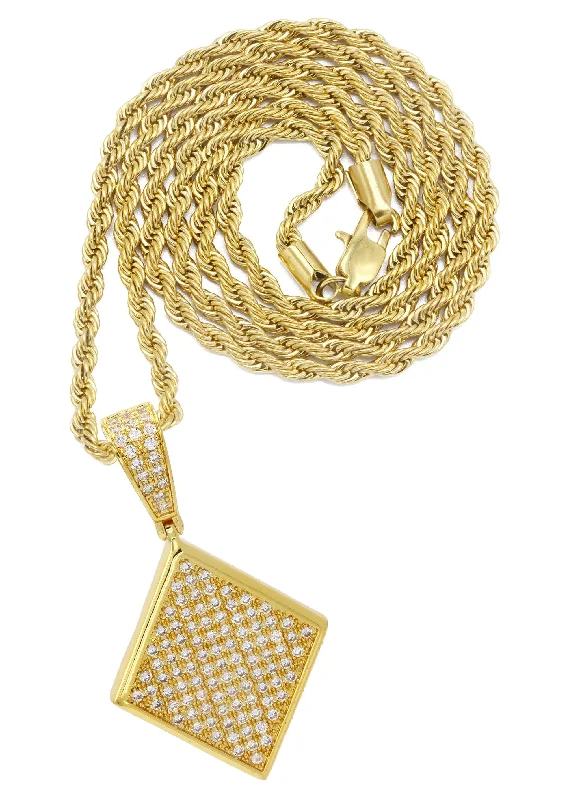 Mens Gold Plated Rope Chain & Iced Out Pendant | Appx. 16.1 Grams