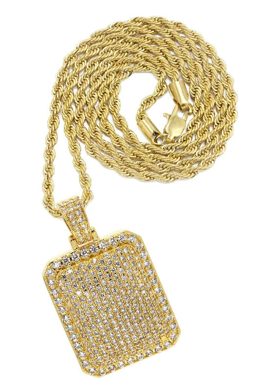 Mens Gold Plated Rope Chain & Dog Tag Pendant | Appx. 21.5 Grams