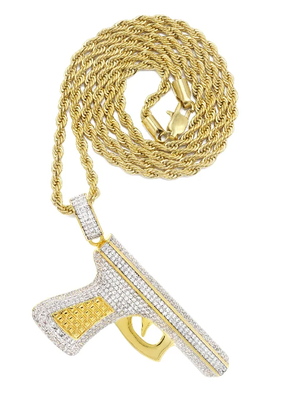 Mens Gold Plated Rope Chain & Gun Pendant | Appx. 16.2 Grams