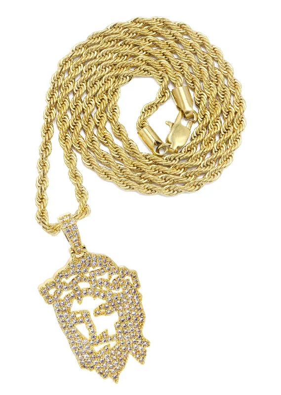 Mens Gold Plated Rope Chain & Jesus Piece Chain | Appx. 14.6 Grams