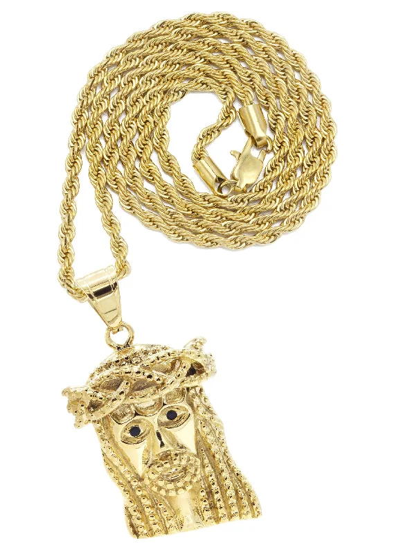 Mens Gold Plated Rope Chain & Jesus Piece Chain | Appx. 32.8 Grams