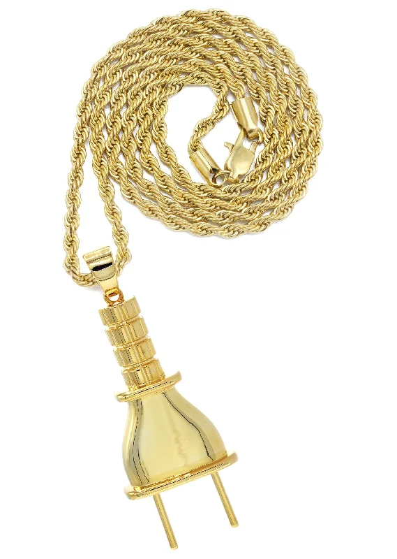 Mens Gold Plated Rope Chain & Plug Pendant | Appx. 23.4 Grams