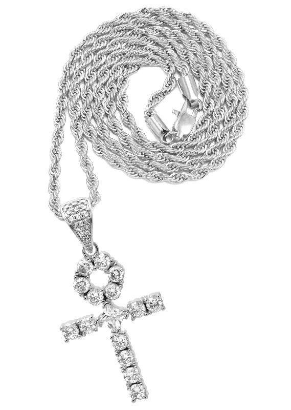 White Gold Plated Rope Chain & Ankh Pendant | Appx. 10 Grams