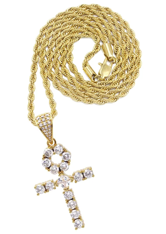 Gold Plated Rope Chain & Ankh Pendant | Appx. 10 Grams