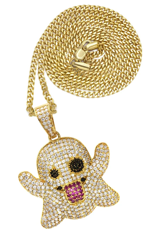 Gold Plated Cuban Link Chain & Ghost Emoji Pendant | Appx. 18.2 Grams