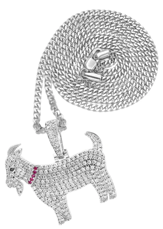 White Gold Plated Cuban Link Chain & Goat Pendant | Appx. 14.5 Grams