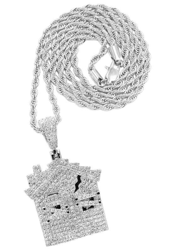 White Gold Plated Rope Chain & House Pendant | Appx. 20 Grams