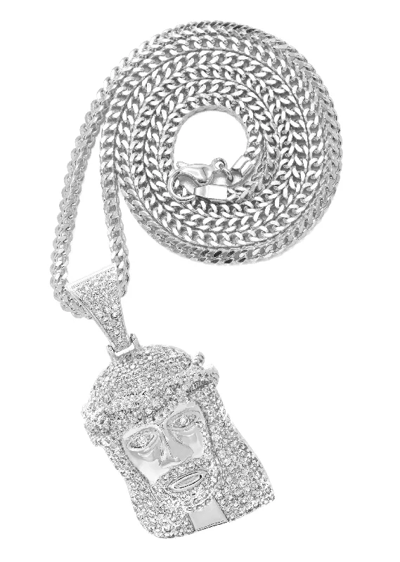 White Gold Plated Franco Link Chain & Jesus Head Pendant | Appx. 14.8 Grams