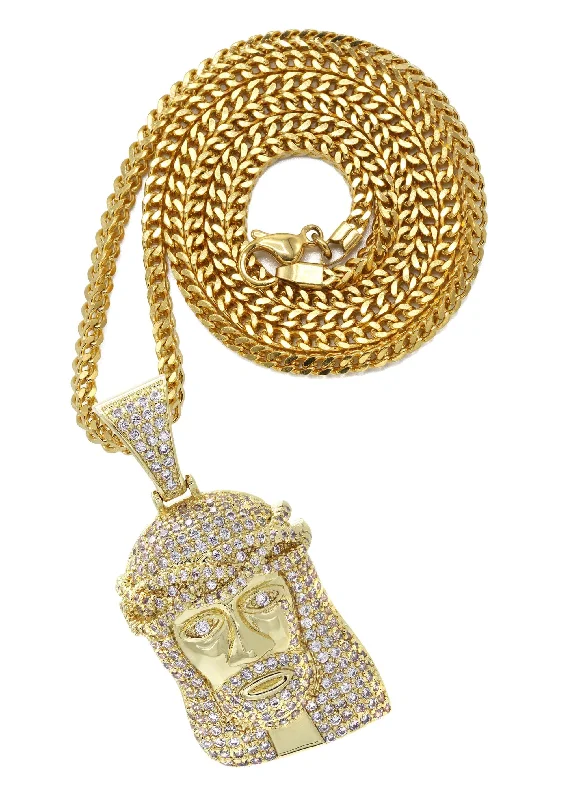 Gold Plated Franco Link Chain & Jesus Head Pendant | Appx. 14.8 Grams