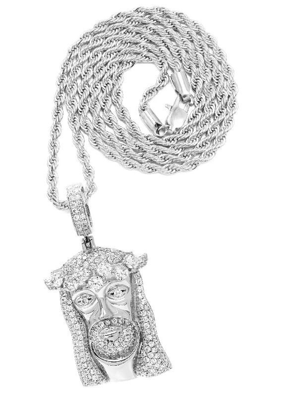 White Gold Plated Rope Chain & Jesus Head Pendant | Appx. 26.7 Grams