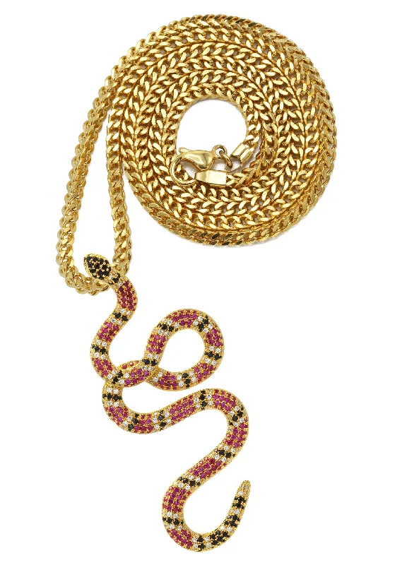 Gold Plated Franco Link Chain & Twisted Snake Pendant | Appx. 10 Grams