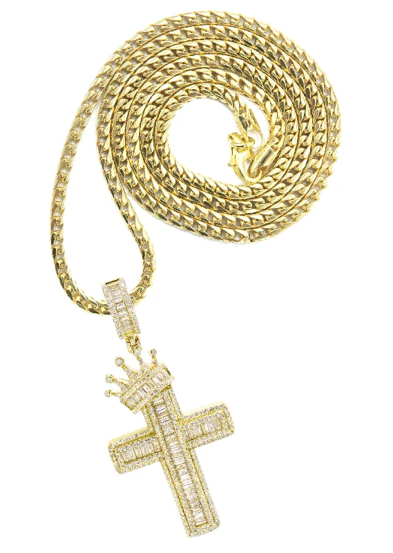 Silver Necklace - Gold Crown Cross Baguette Necklace  | 23.9 Grams