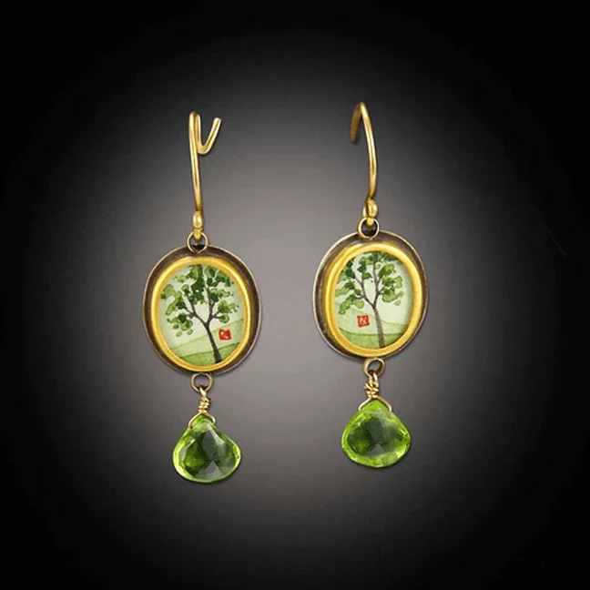 Tiny Oval Spring Maple Earrings with Peridot Drop