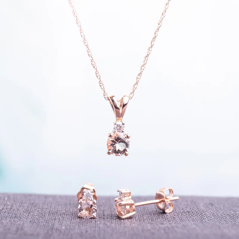 Miadora 10k Rose Gold Morganite and 1/10ct TDW Diamond Necklace and Earrings Set (G-H, I2-I3) - Pink