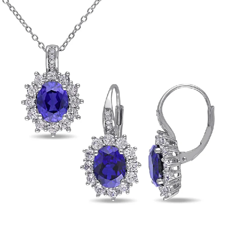 Miadora Silver Created Blue and White Sapphire and Diamond Accent Birthstone Earrings and Necklace Set