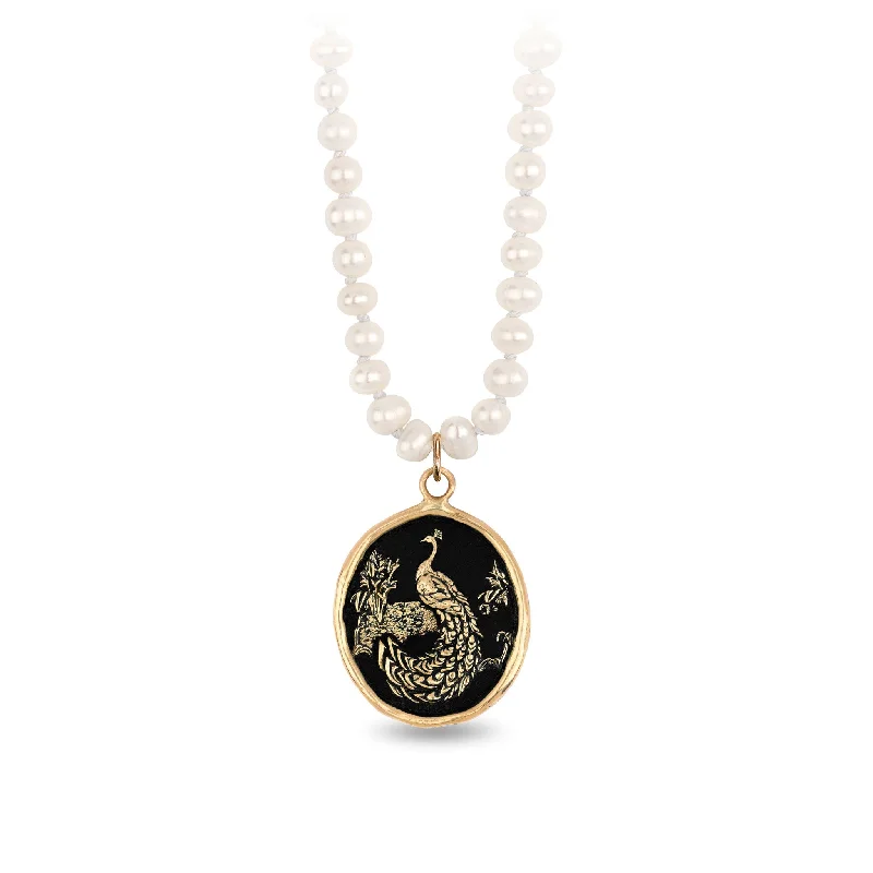 Peacock 14K Gold Talisman on Knotted Freshwater Pearl Necklace