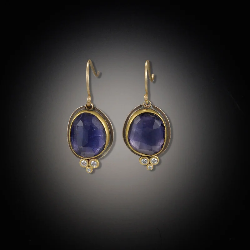 Rose Cut Iolite Earrings with Tiny Diamond Trios